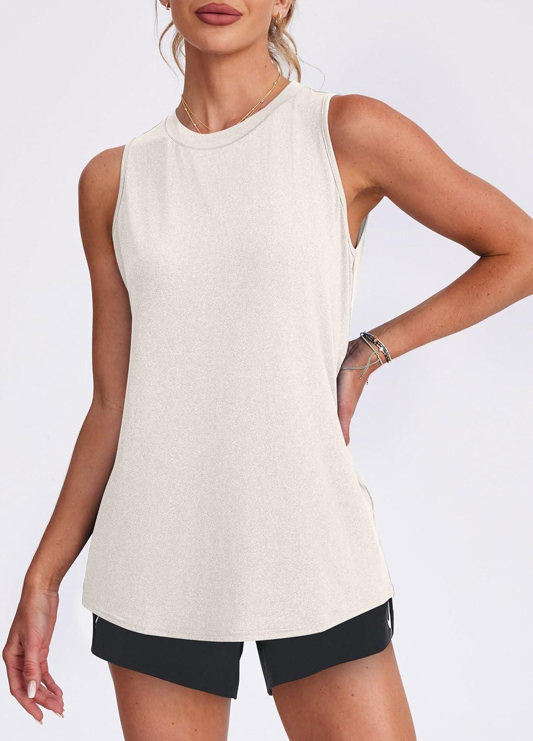 imageWomens Workout Tank Tops Lightweight Sleeveless Shirts for Women Loose Fit Tops for Athletic Running Tennis Yoga01white Apricot