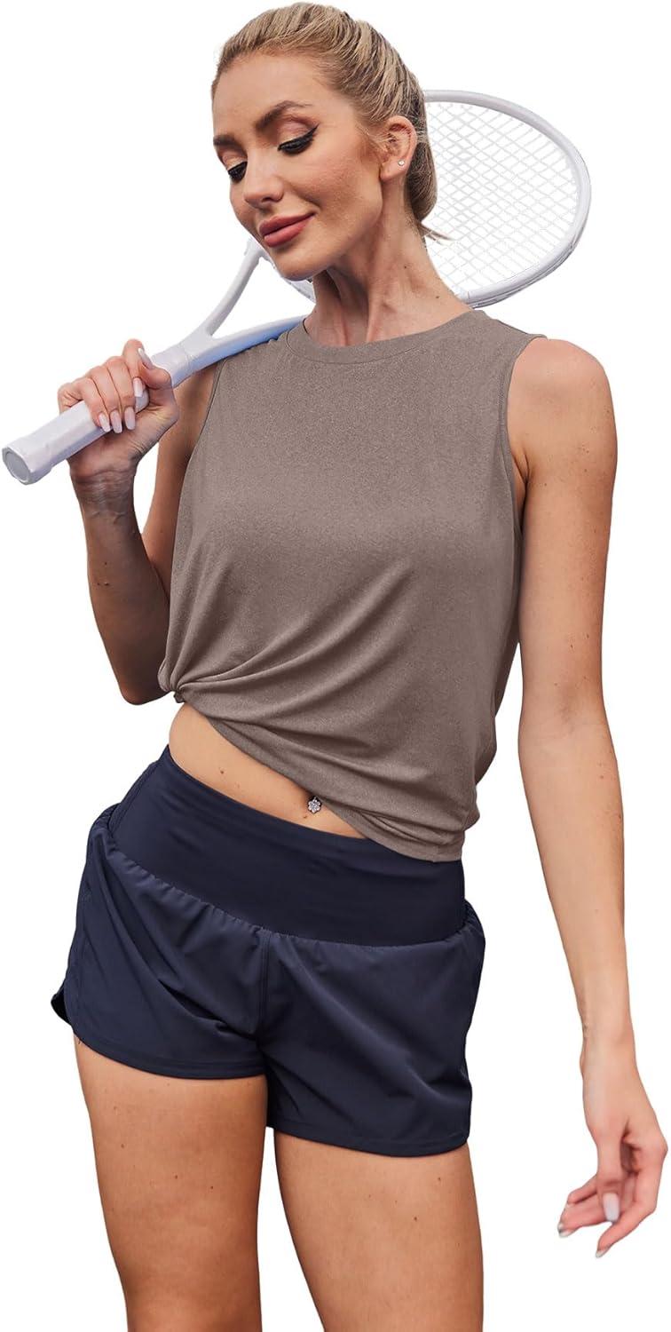 imageWomens Workout Tank Tops Lightweight Sleeveless Shirts for Women Loose Fit Tops for Athletic Running Tennis YogaCamel Brown