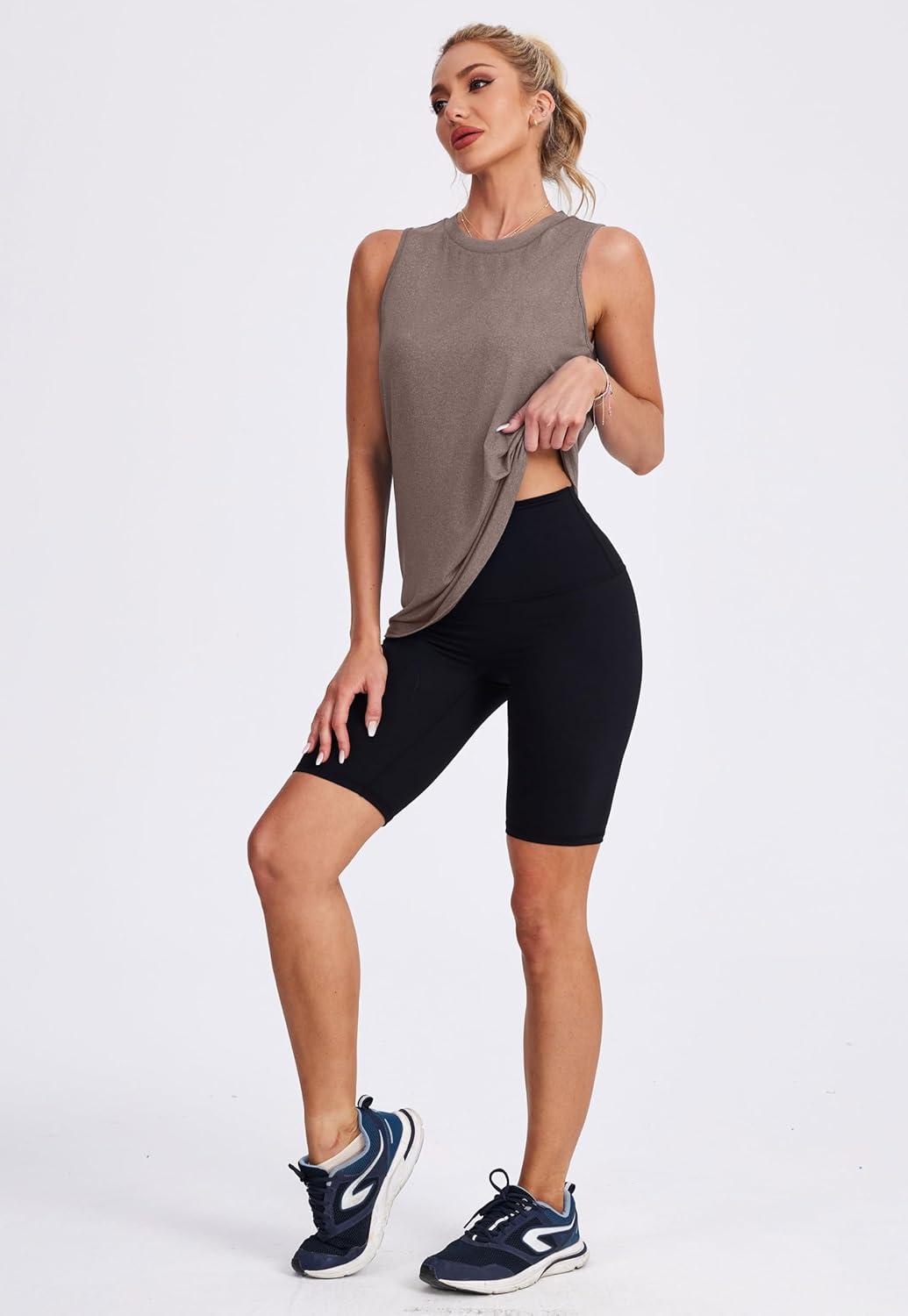 imageWomens Workout Tank Tops Lightweight Sleeveless Shirts for Women Loose Fit Tops for Athletic Running Tennis YogaCamel Brown