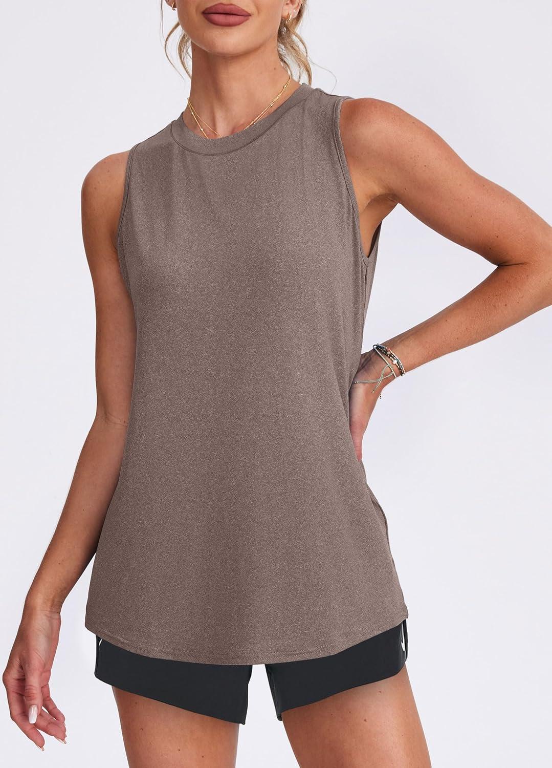 imageWomens Workout Tank Tops Lightweight Sleeveless Shirts for Women Loose Fit Tops for Athletic Running Tennis YogaCamel Brown