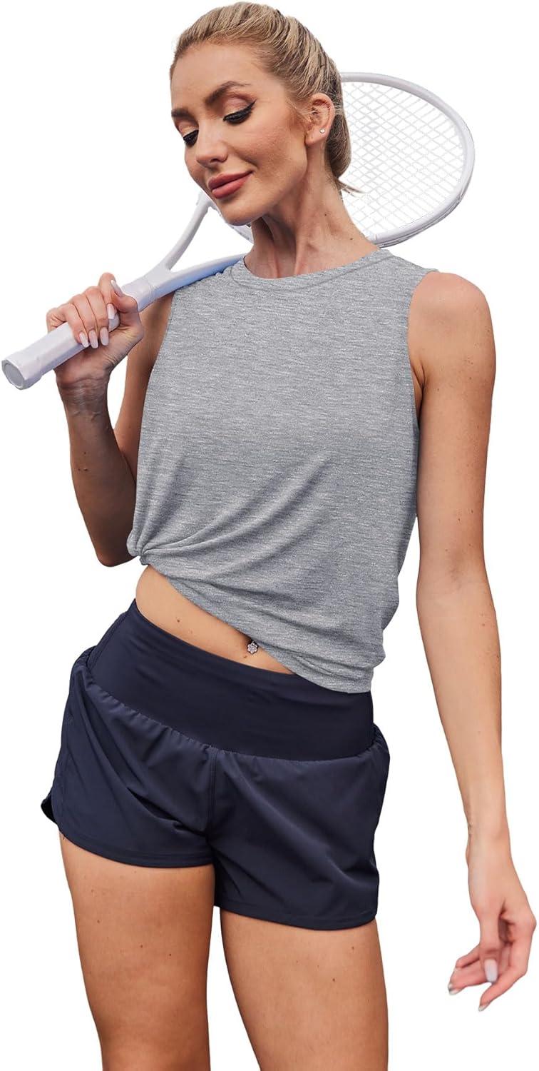 imageWomens Workout Tank Tops Lightweight Sleeveless Shirts for Women Loose Fit Tops for Athletic Running Tennis YogaLight Gray