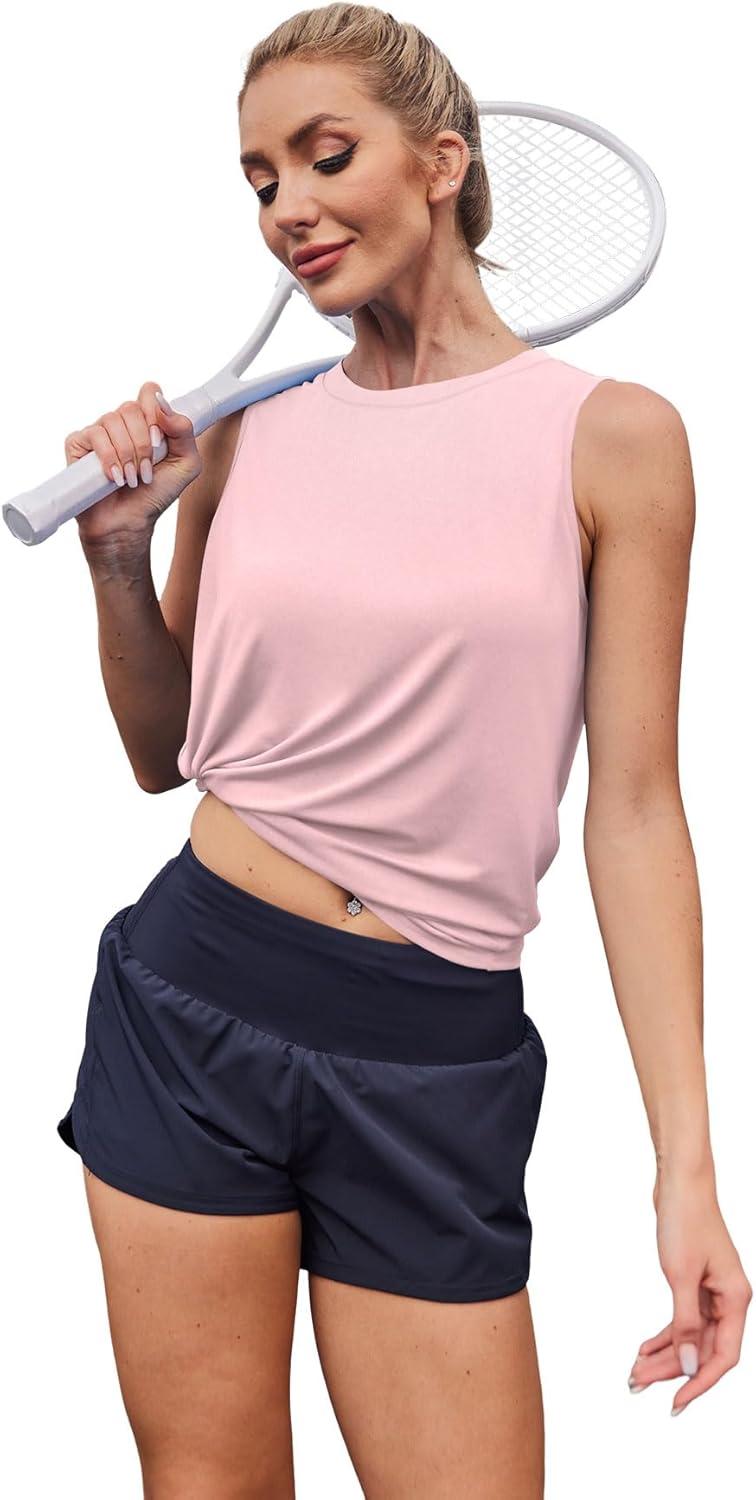 imageWomens Workout Tank Tops Lightweight Sleeveless Shirts for Women Loose Fit Tops for Athletic Running Tennis YogaLight Pink