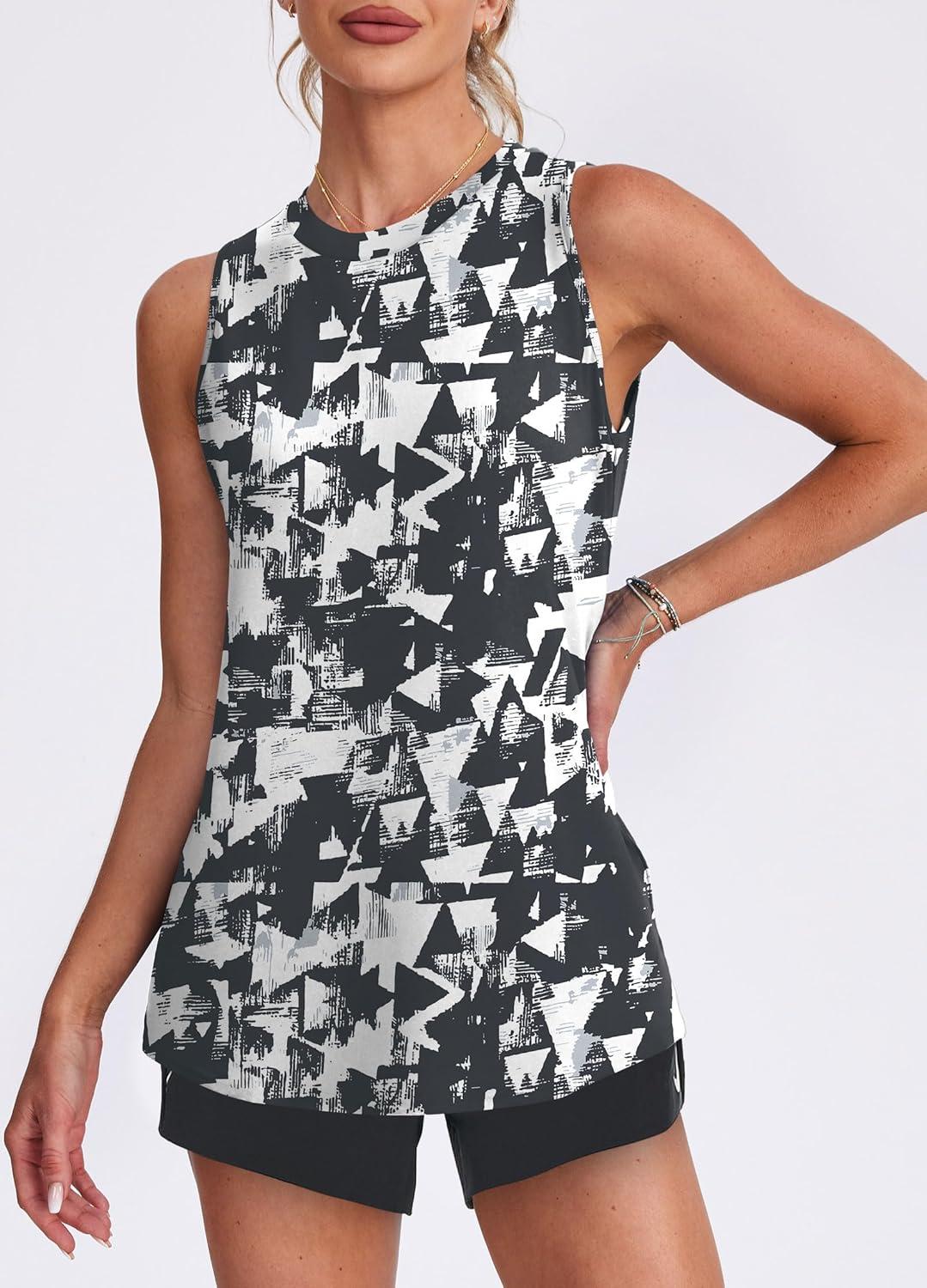 imageWomens Workout Tank Tops Lightweight Sleeveless Shirts for Women Loose Fit Tops for Athletic Running Tennis YogaZblack White Floral