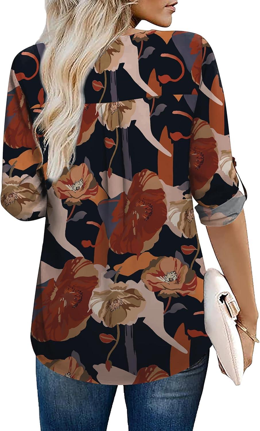 imageXIEERDUO 34 Sleeve Blouses for Women Business Casual V Neck Chiffon Shirts TopsAkhaki Flower