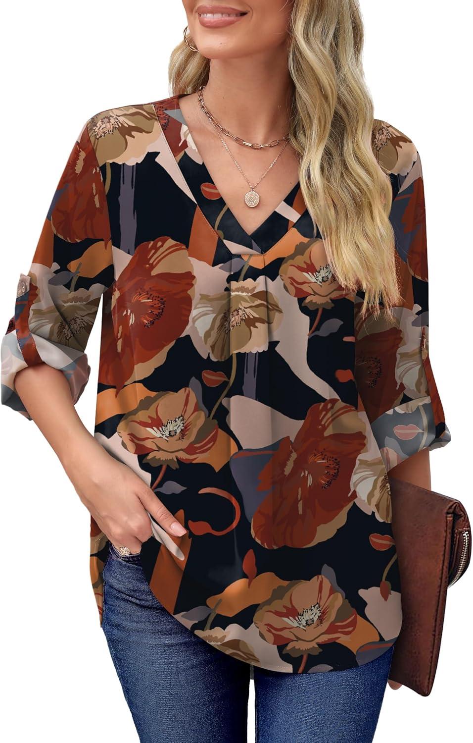 imageXIEERDUO 34 Sleeve Blouses for Women Business Casual V Neck Chiffon Shirts TopsAkhaki Flower