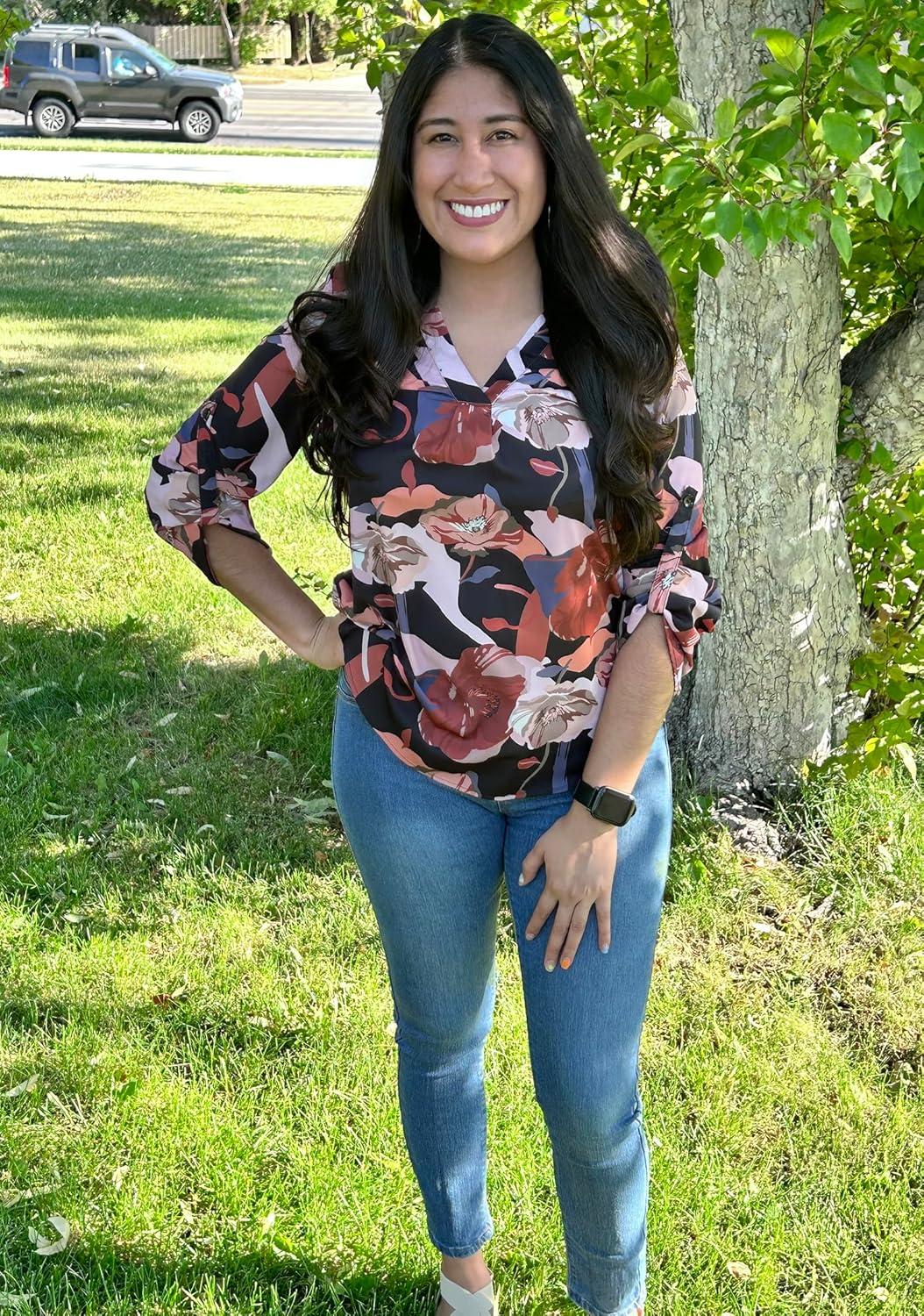 imageXIEERDUO 34 Sleeve Blouses for Women Business Casual V Neck Chiffon Shirts TopsAkhaki Flower