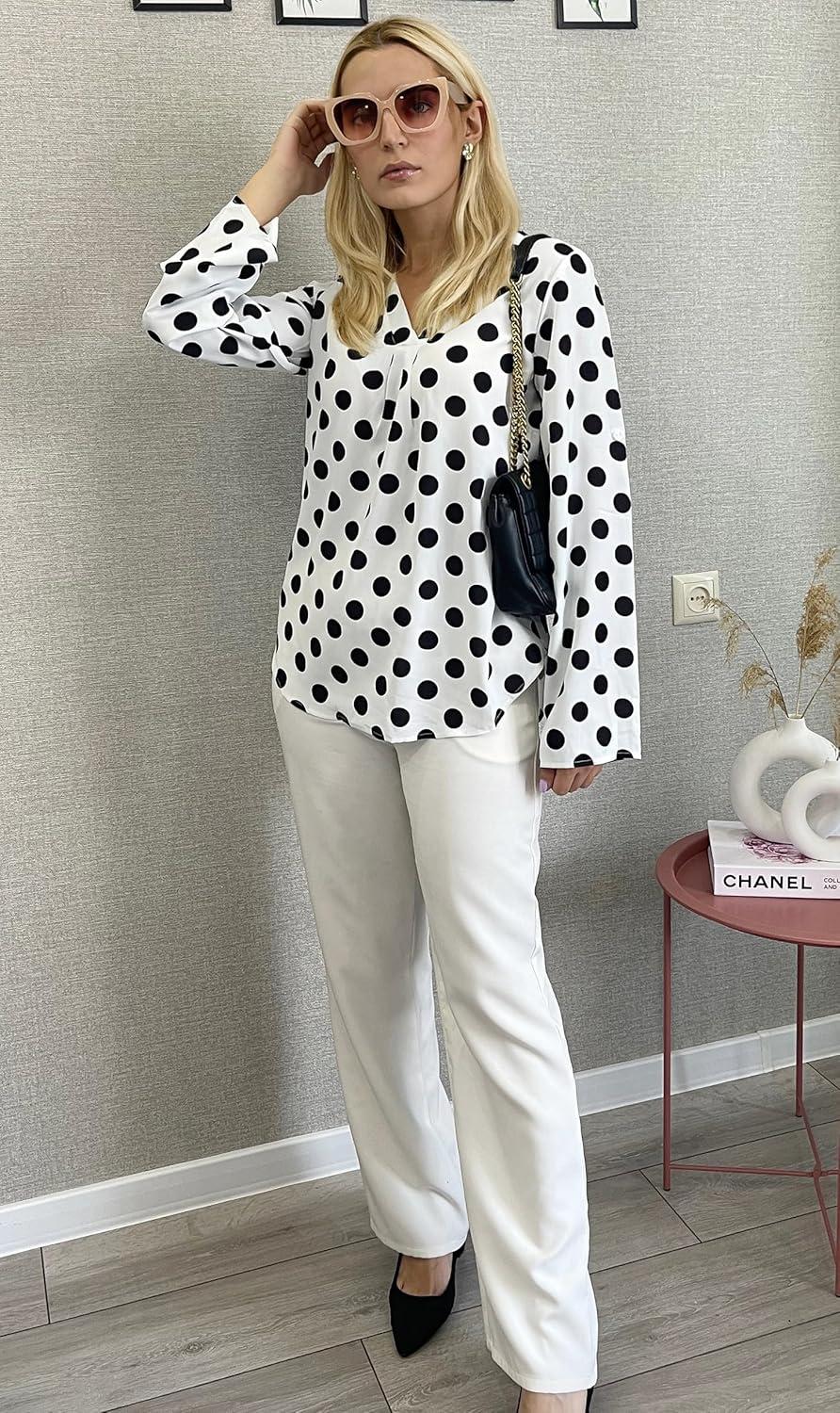 imageXIEERDUO 34 Sleeve Blouses for Women Business Casual V Neck Chiffon Shirts TopsBblack Dot