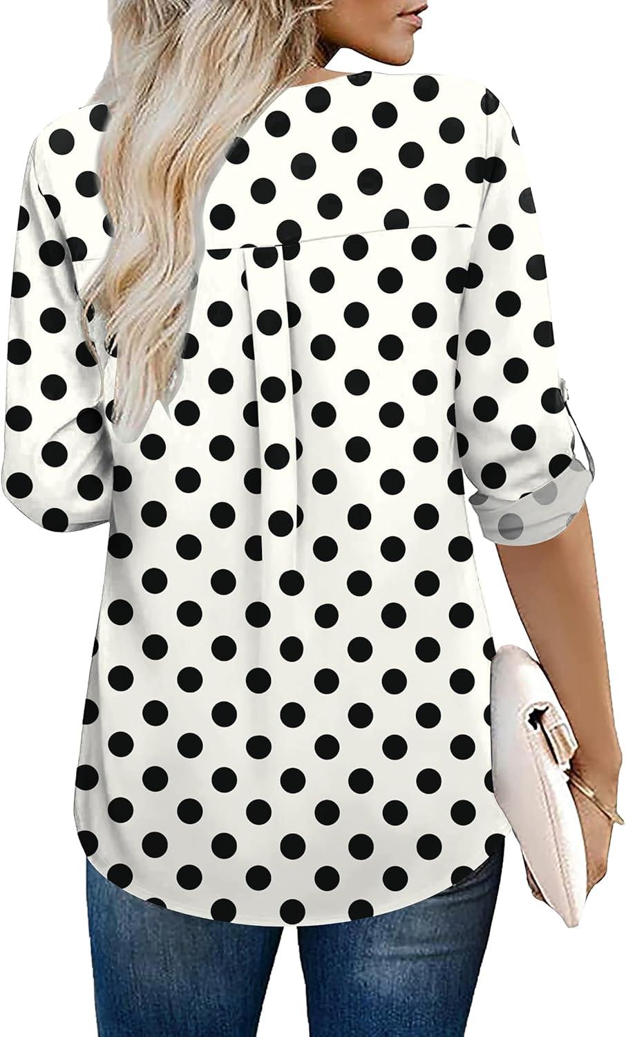 imageXIEERDUO 34 Sleeve Blouses for Women Business Casual V Neck Chiffon Shirts TopsBblack Dot