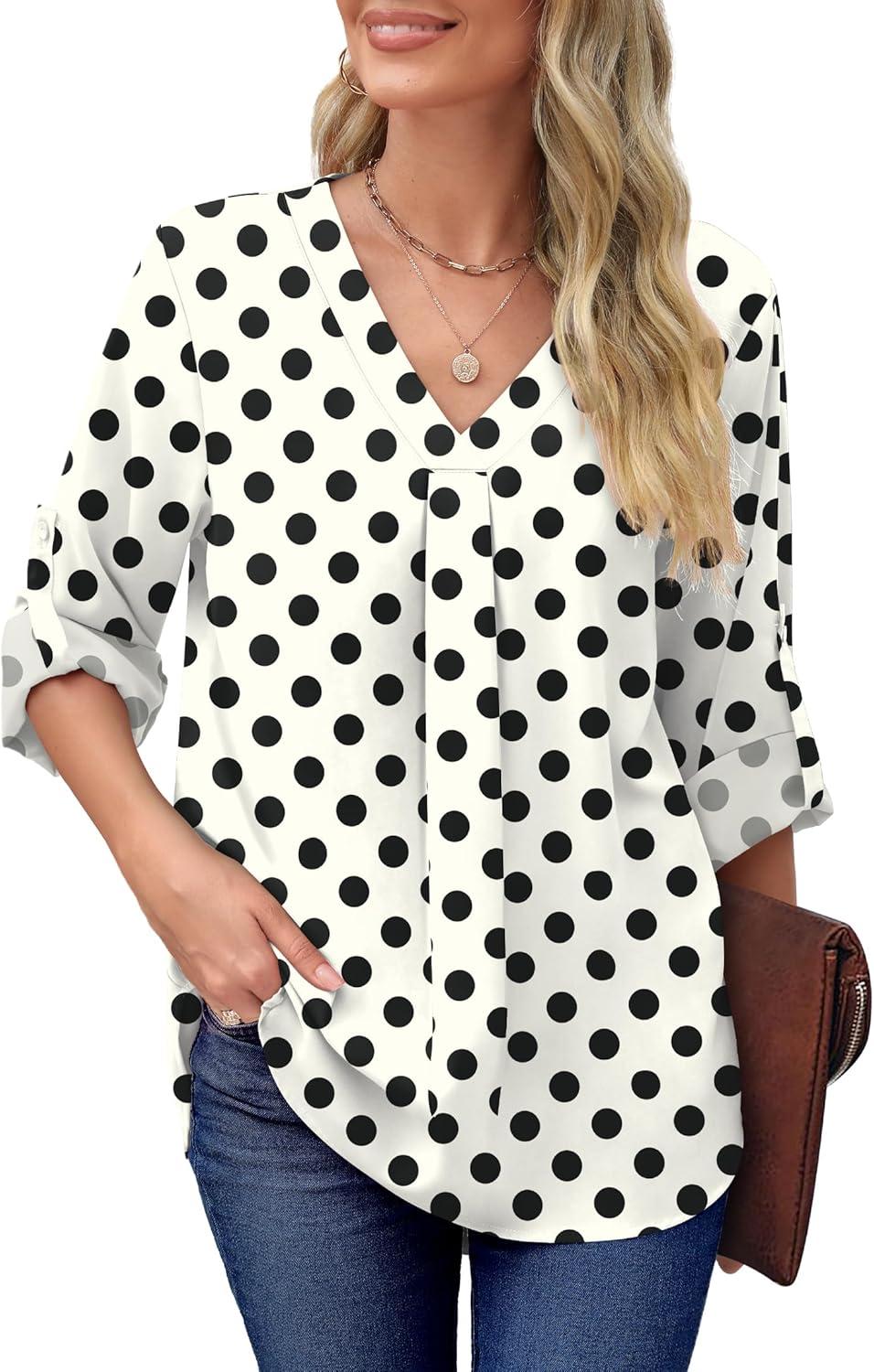 imageXIEERDUO 34 Sleeve Blouses for Women Business Casual V Neck Chiffon Shirts TopsBblack Dot