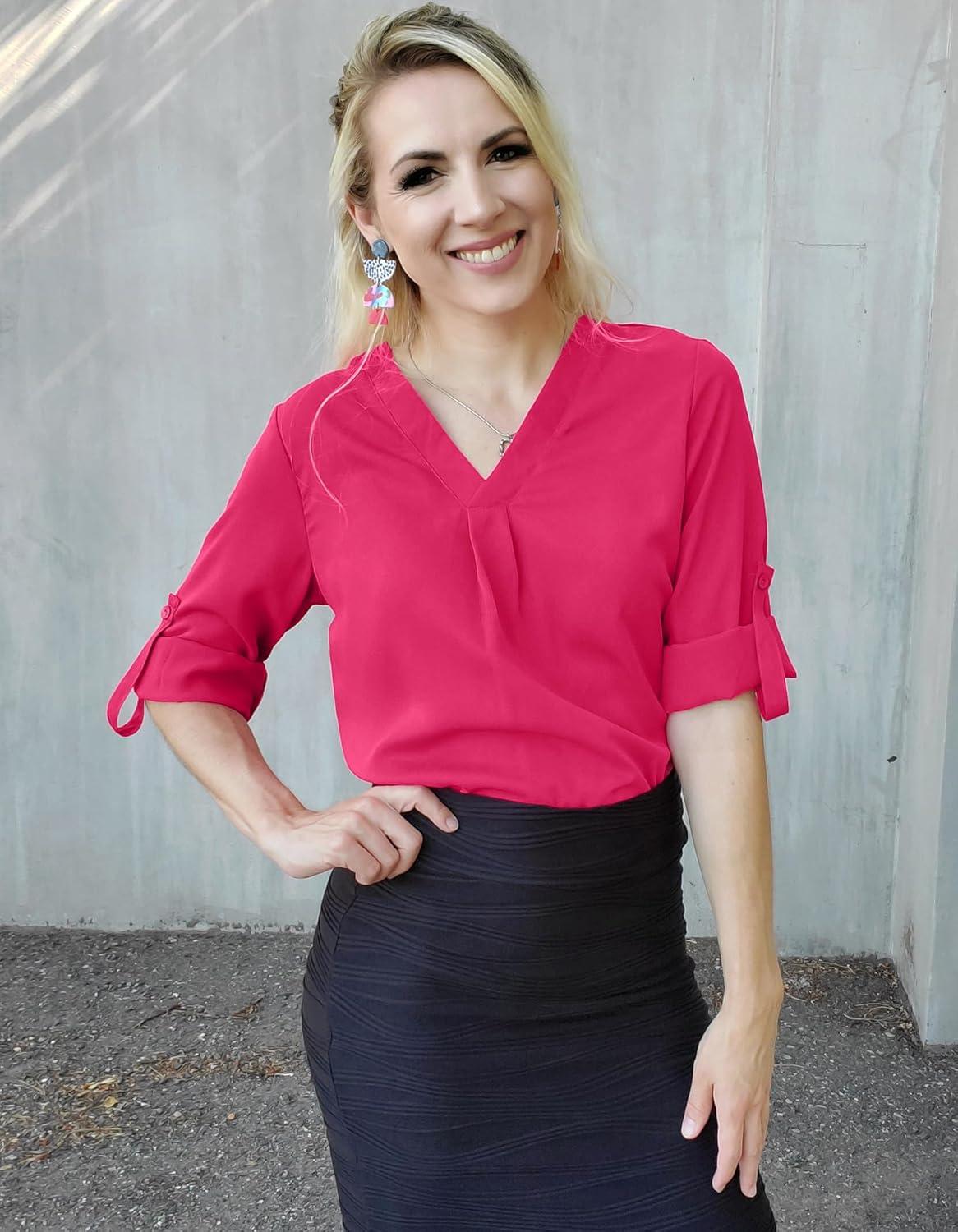 imageXIEERDUO 34 Sleeve Blouses for Women Business Casual V Neck Chiffon Shirts TopsBhot Pink