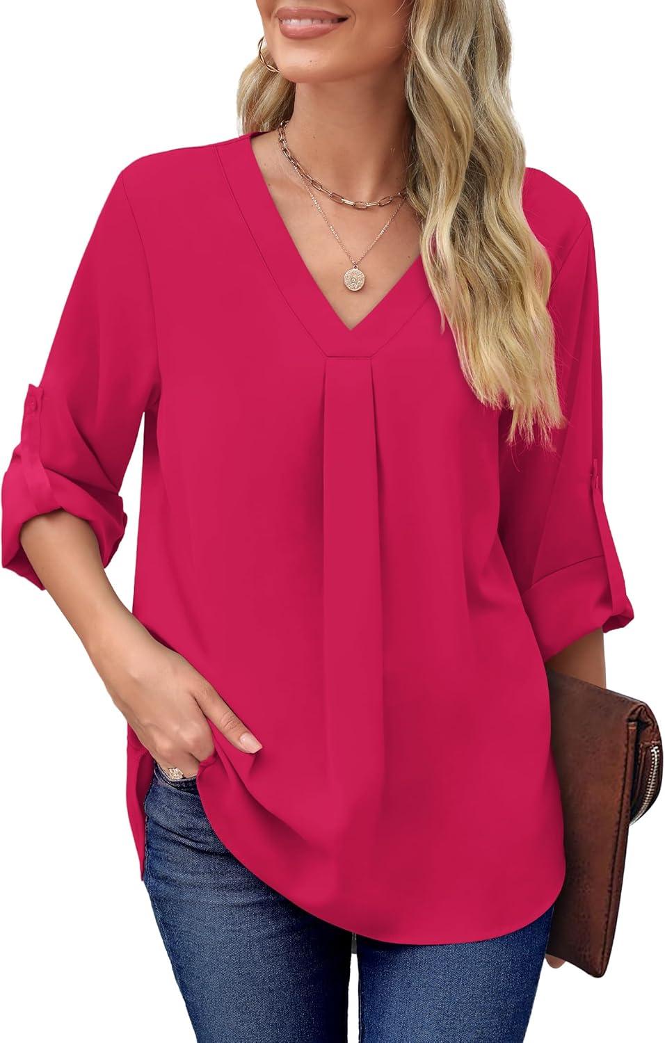 imageXIEERDUO 34 Sleeve Blouses for Women Business Casual V Neck Chiffon Shirts TopsBhot Pink