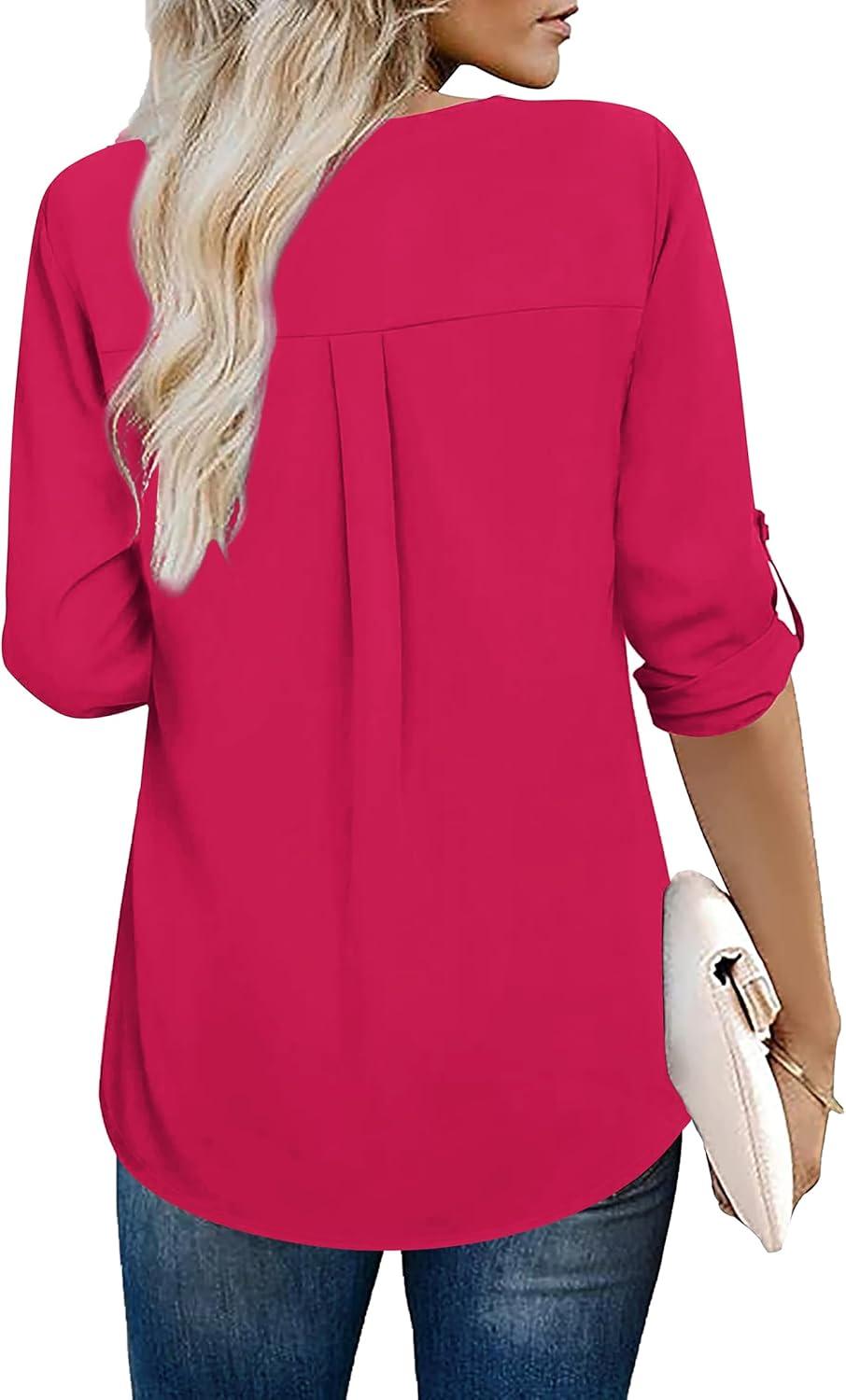 imageXIEERDUO 34 Sleeve Blouses for Women Business Casual V Neck Chiffon Shirts TopsBhot Pink