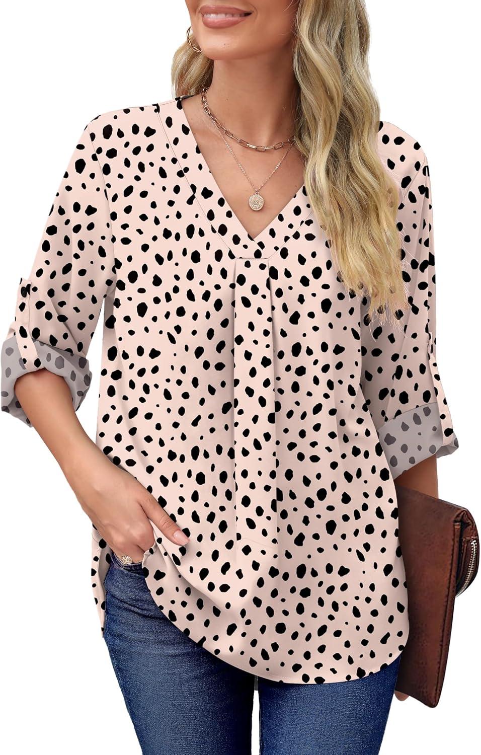imageXIEERDUO 34 Sleeve Blouses for Women Business Casual V Neck Chiffon Shirts TopsCbeige Dot