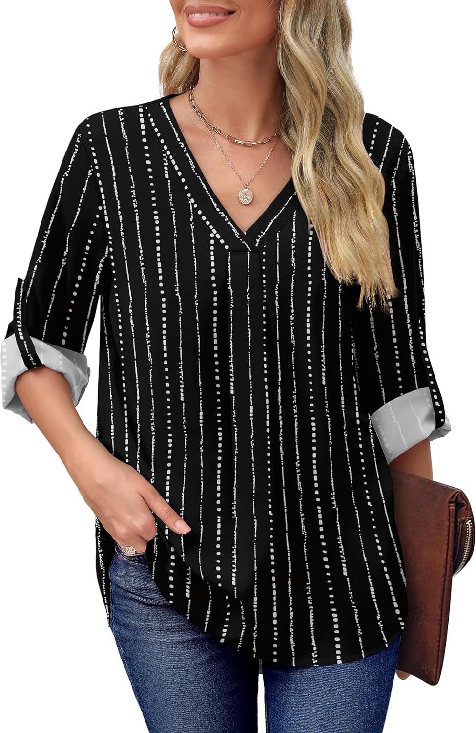 imageXIEERDUO 34 Sleeve Blouses for Women Business Casual V Neck Chiffon Shirts TopsDblack Print