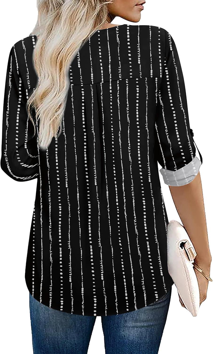 imageXIEERDUO 34 Sleeve Blouses for Women Business Casual V Neck Chiffon Shirts TopsDblack Print