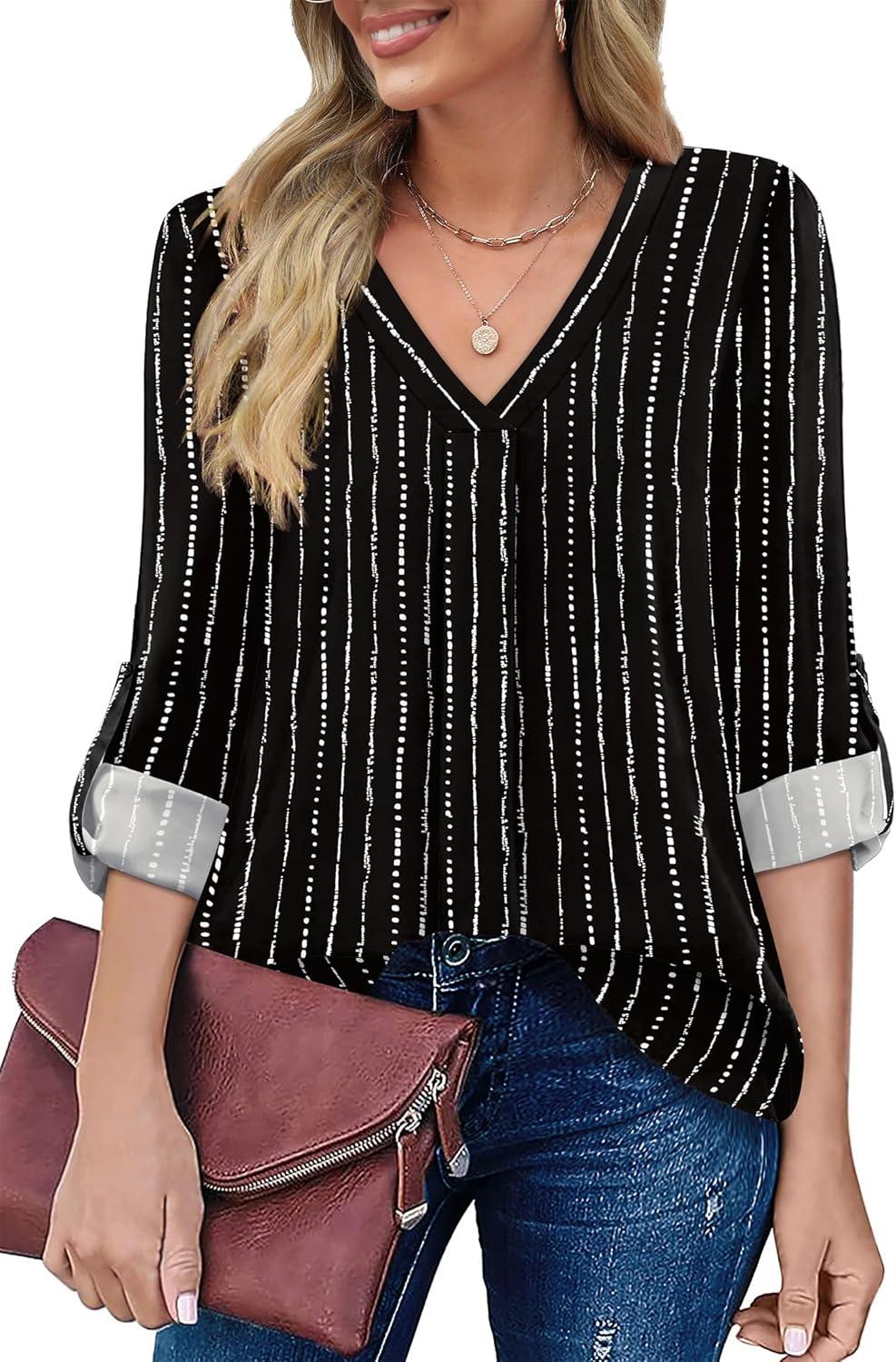 imageXIEERDUO 34 Sleeve Blouses for Women Business Casual V Neck Chiffon Shirts TopsDblack Print