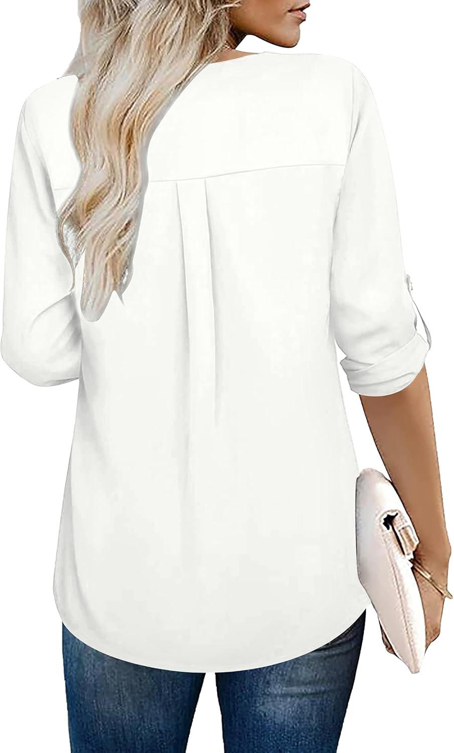 imageXIEERDUO 34 Sleeve Blouses for Women Business Casual V Neck Chiffon Shirts TopsEwhite