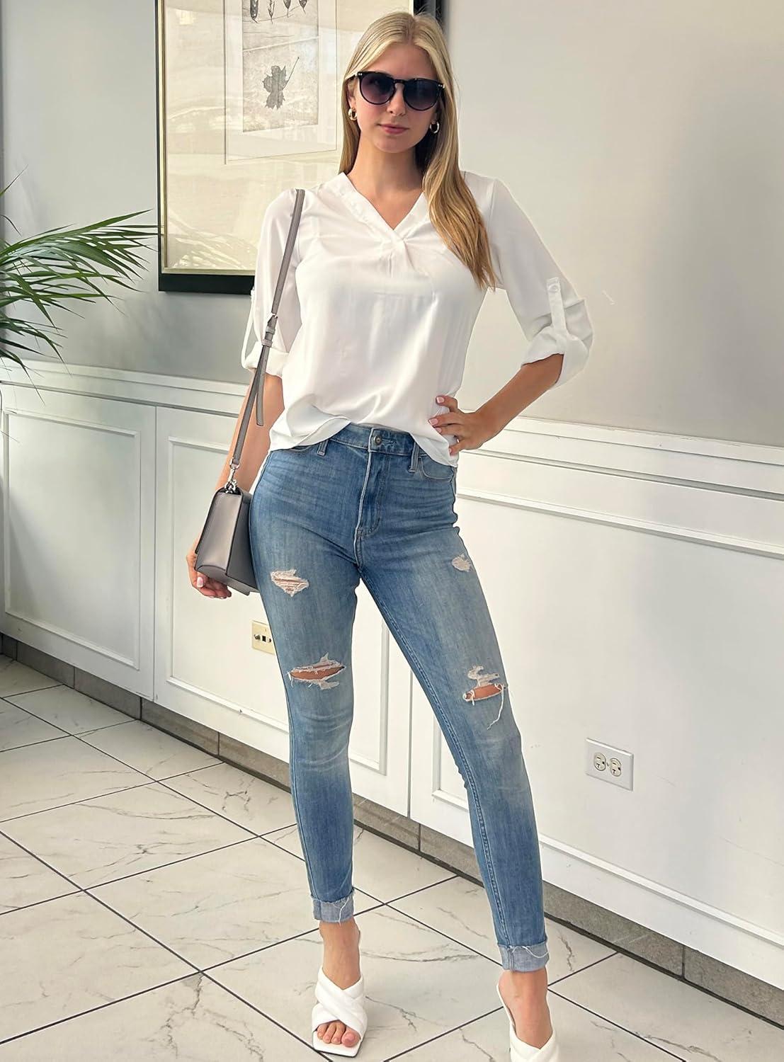 imageXIEERDUO 34 Sleeve Blouses for Women Business Casual V Neck Chiffon Shirts TopsEwhite