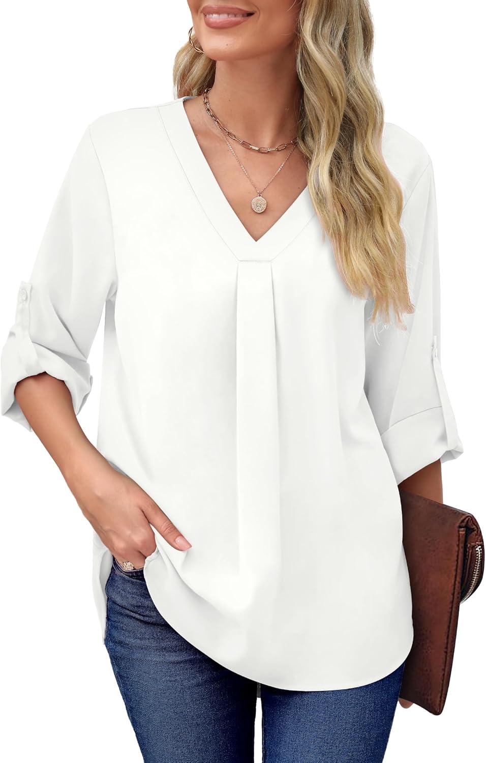 imageXIEERDUO 34 Sleeve Blouses for Women Business Casual V Neck Chiffon Shirts TopsEwhite
