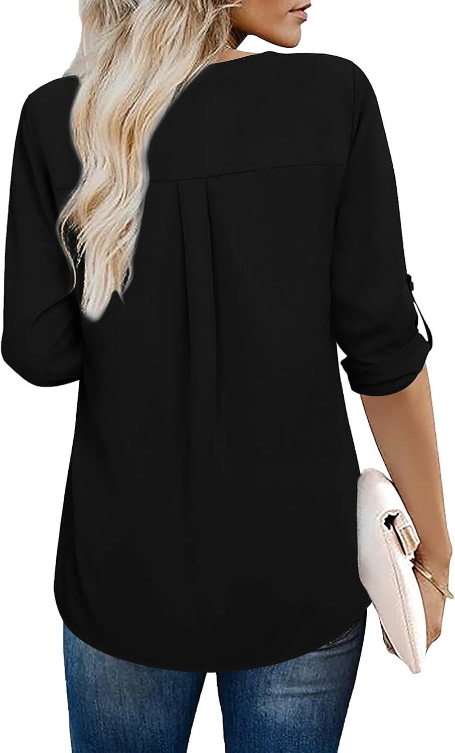 imageXIEERDUO 34 Sleeve Blouses for Women Business Casual V Neck Chiffon Shirts TopsFblack