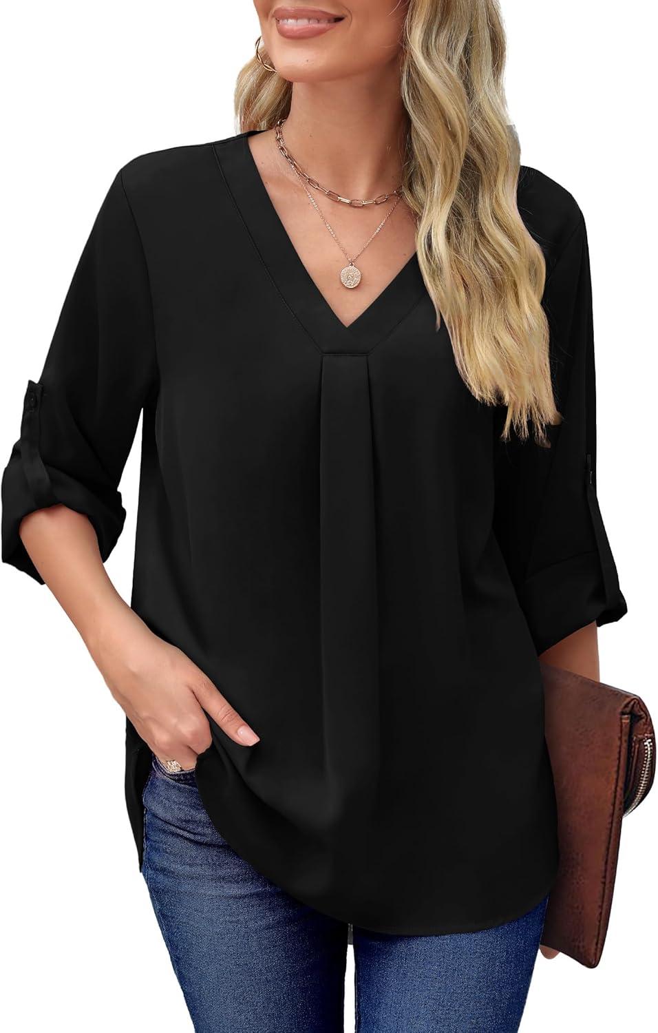 imageXIEERDUO 34 Sleeve Blouses for Women Business Casual V Neck Chiffon Shirts TopsFblack