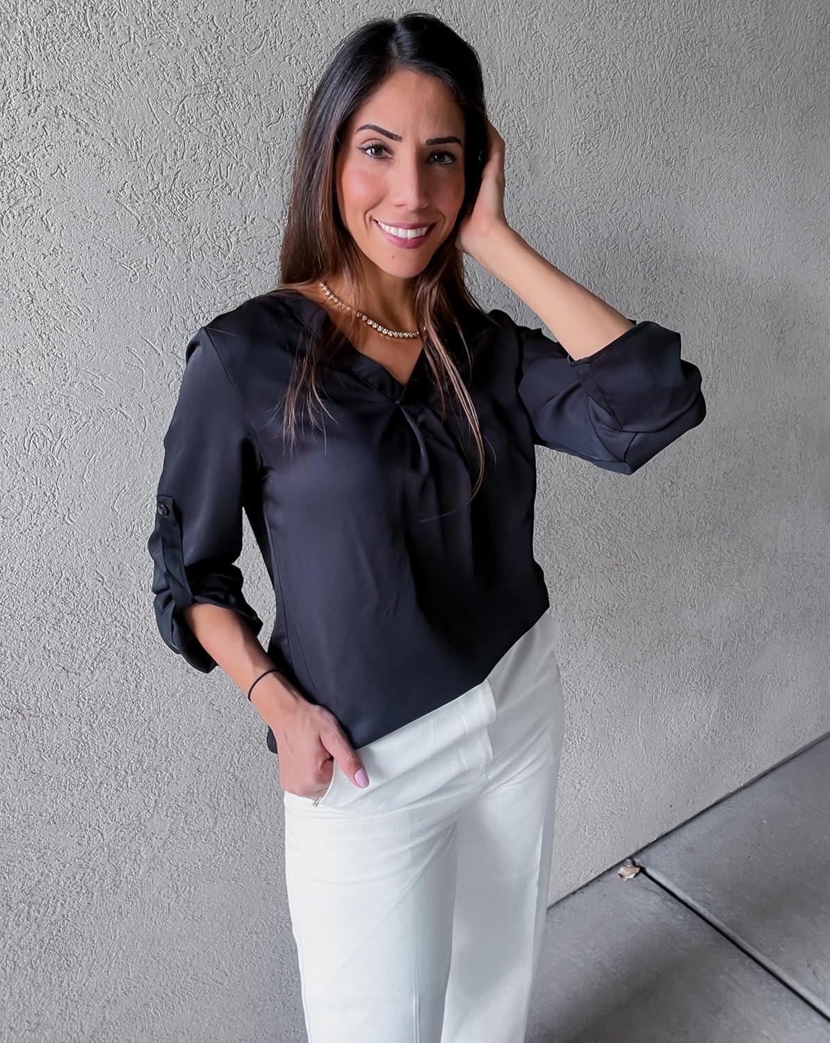 imageXIEERDUO 34 Sleeve Blouses for Women Business Casual V Neck Chiffon Shirts TopsFblack