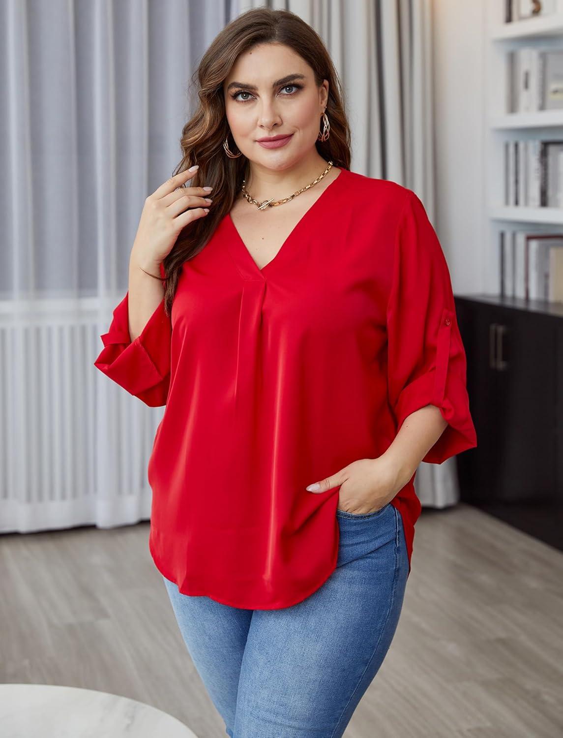 imageXIEERDUO 34 Sleeve Blouses for Women Business Casual V Neck Chiffon Shirts TopsHred