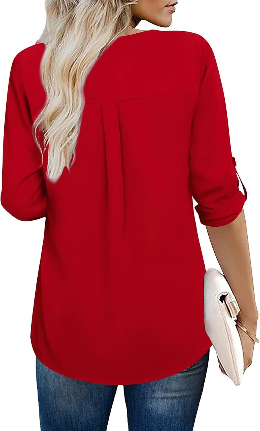 imageXIEERDUO 34 Sleeve Blouses for Women Business Casual V Neck Chiffon Shirts TopsHred