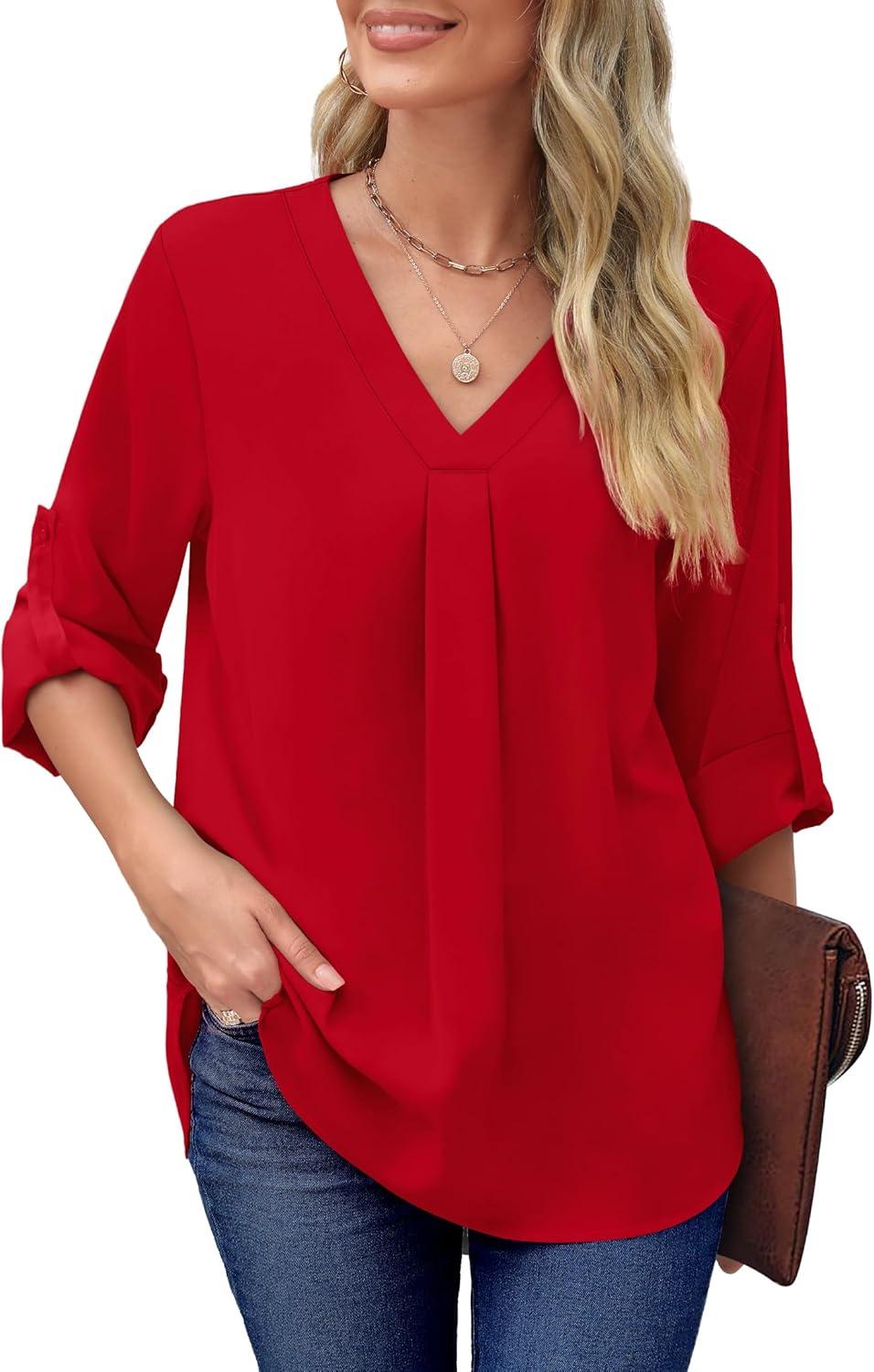 imageXIEERDUO 34 Sleeve Blouses for Women Business Casual V Neck Chiffon Shirts TopsHred