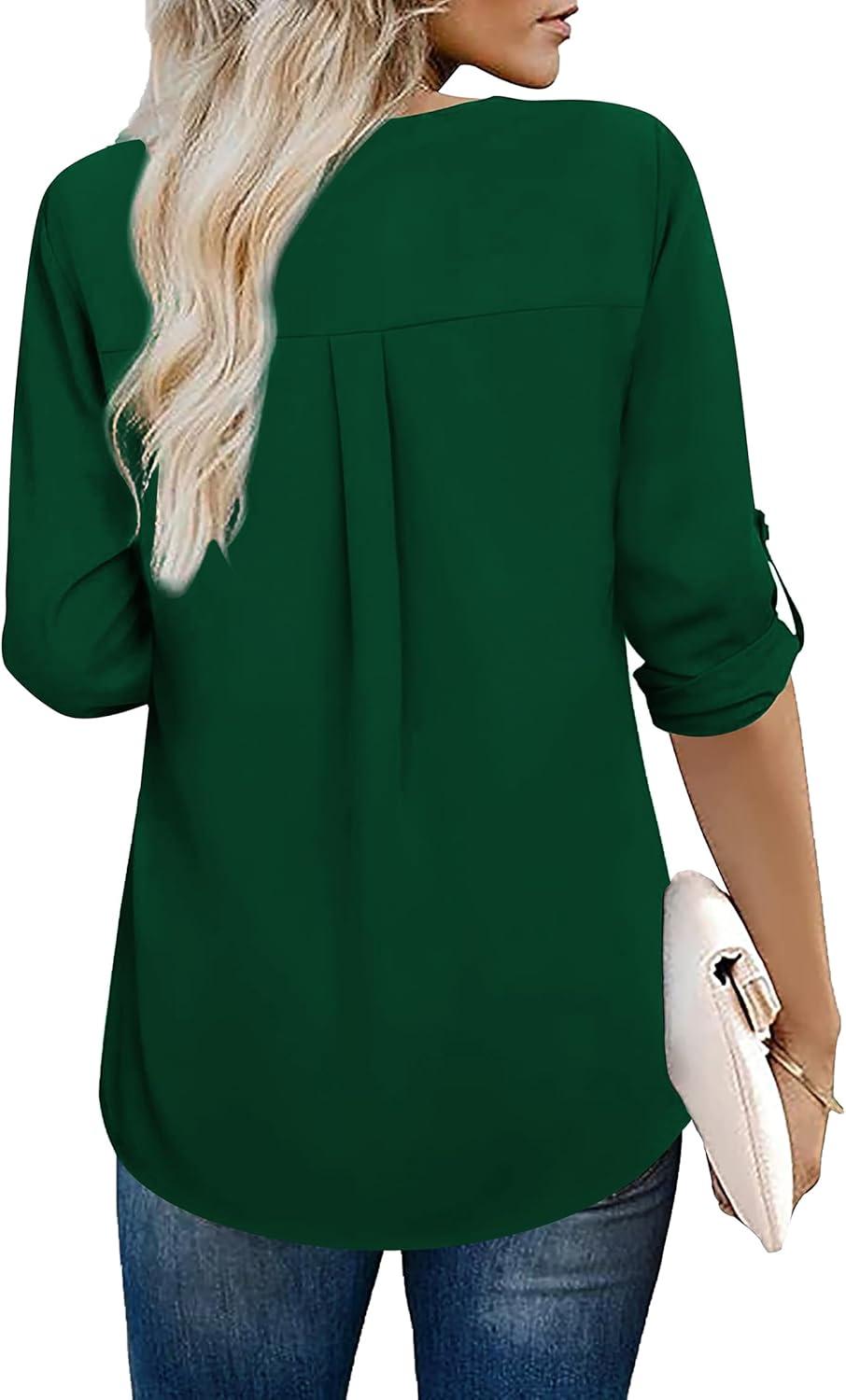 imageXIEERDUO 34 Sleeve Blouses for Women Business Casual V Neck Chiffon Shirts TopsIgreen