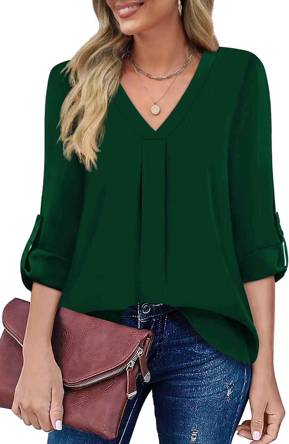 imageXIEERDUO 34 Sleeve Blouses for Women Business Casual V Neck Chiffon Shirts TopsIgreen