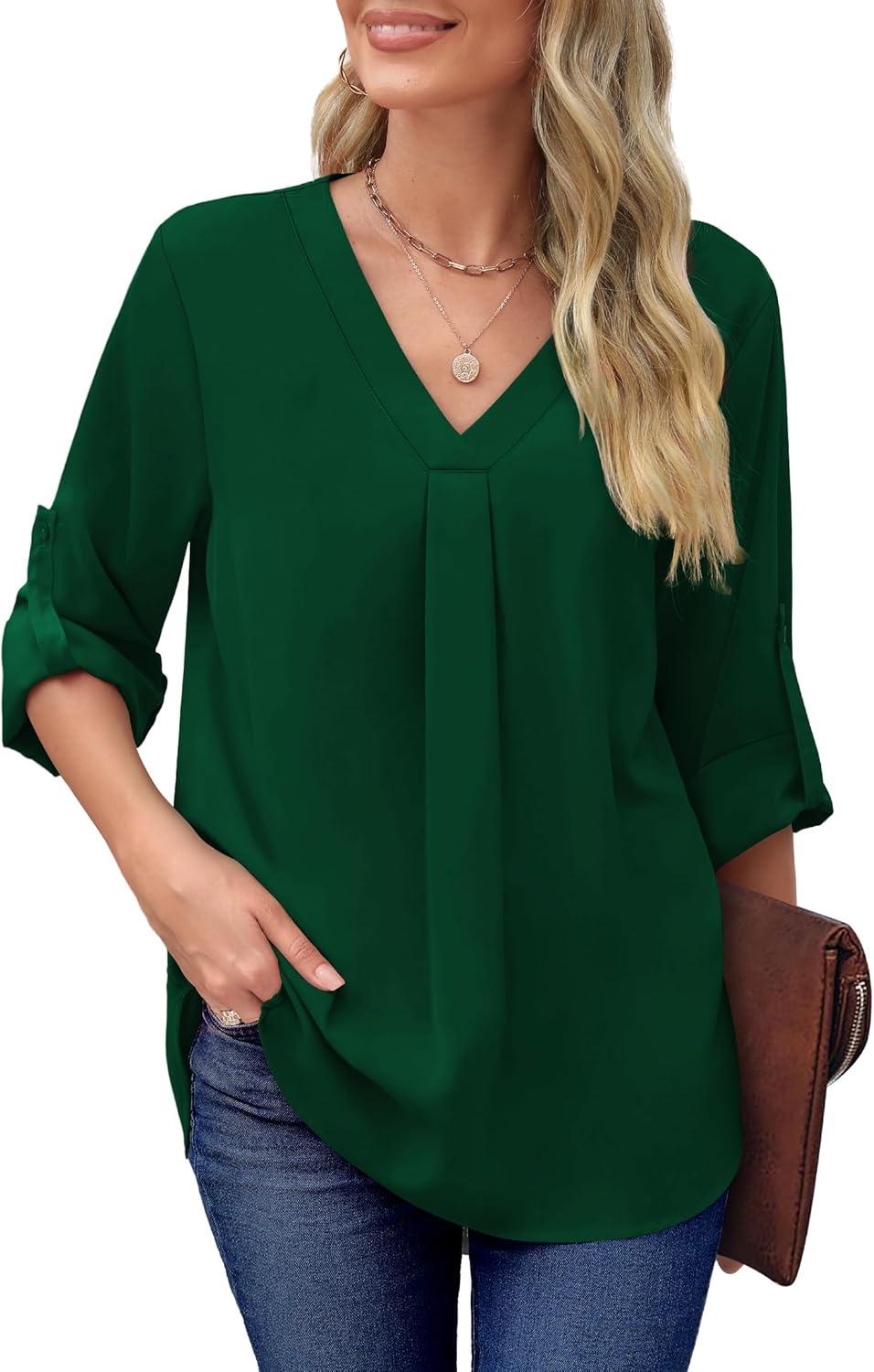 imageXIEERDUO 34 Sleeve Blouses for Women Business Casual V Neck Chiffon Shirts TopsIgreen