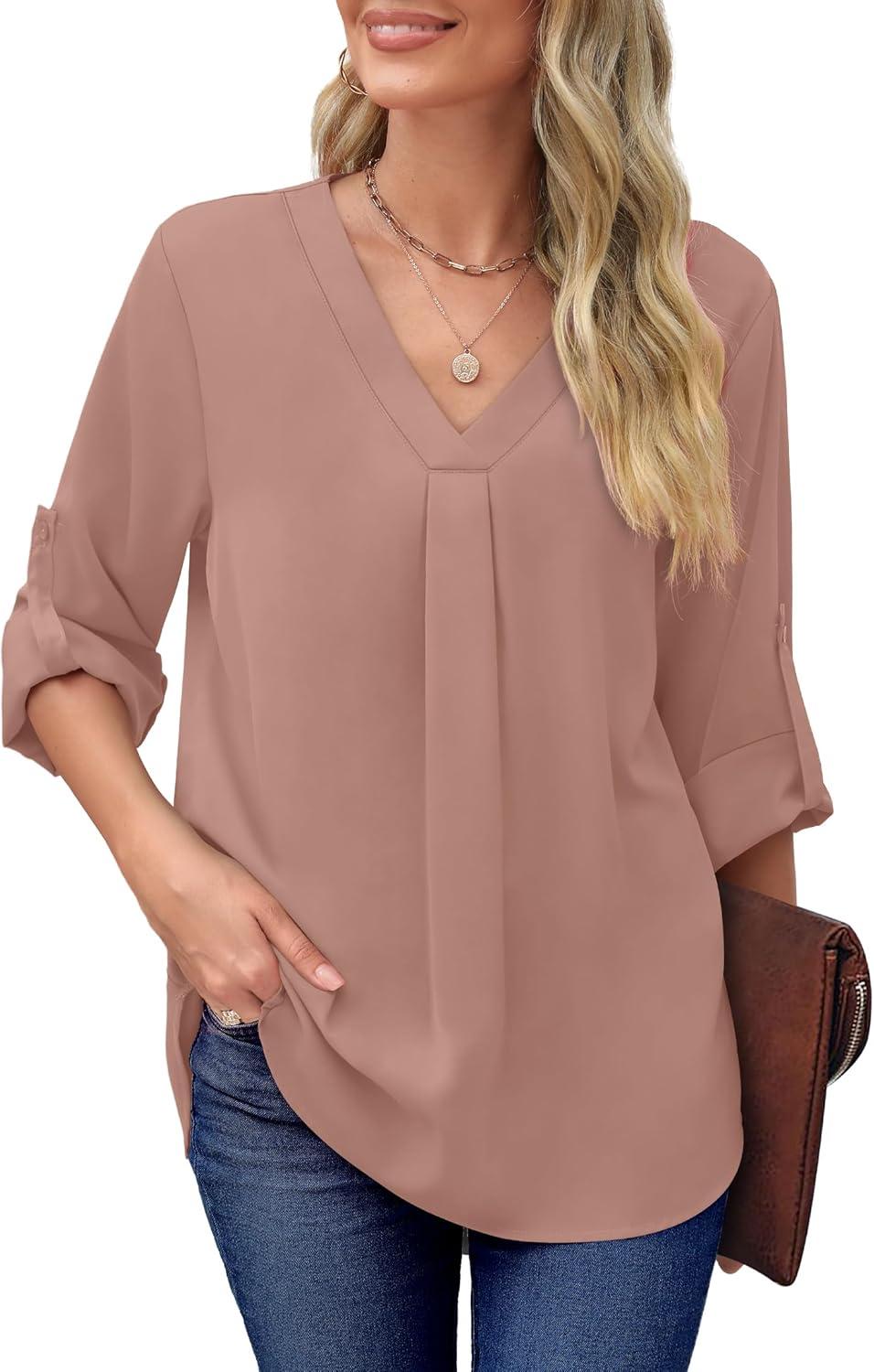 imageXIEERDUO 34 Sleeve Blouses for Women Business Casual V Neck Chiffon Shirts TopsIpink