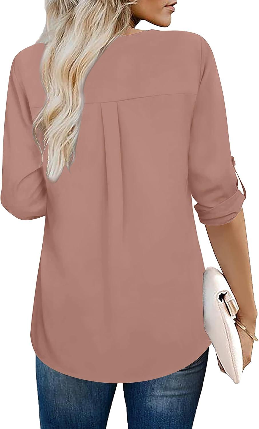 imageXIEERDUO 34 Sleeve Blouses for Women Business Casual V Neck Chiffon Shirts TopsIpink