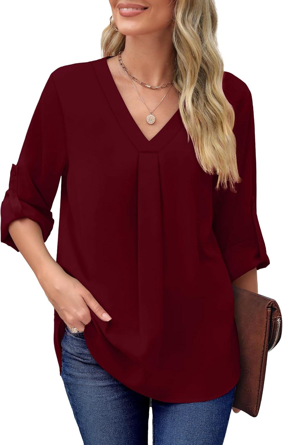 imageXIEERDUO 34 Sleeve Blouses for Women Business Casual V Neck Chiffon Shirts TopsJburgundy