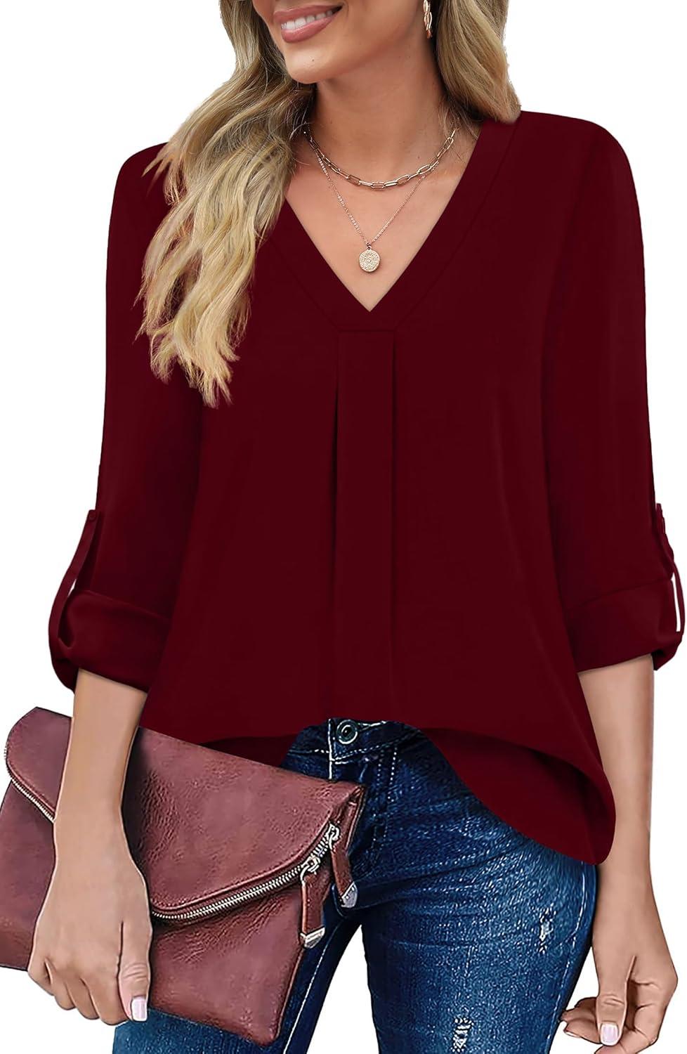 imageXIEERDUO 34 Sleeve Blouses for Women Business Casual V Neck Chiffon Shirts TopsJburgundy
