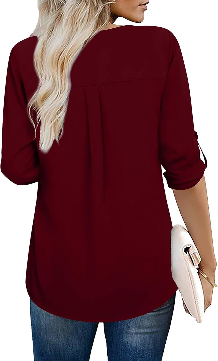 imageXIEERDUO 34 Sleeve Blouses for Women Business Casual V Neck Chiffon Shirts TopsJburgundy
