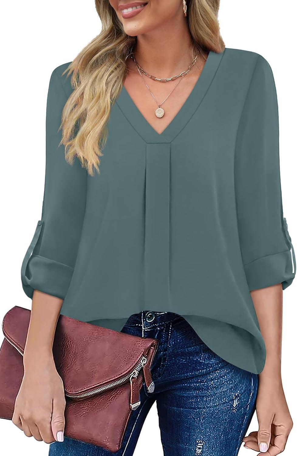 imageXIEERDUO 34 Sleeve Blouses for Women Business Casual V Neck Chiffon Shirts TopsKblue