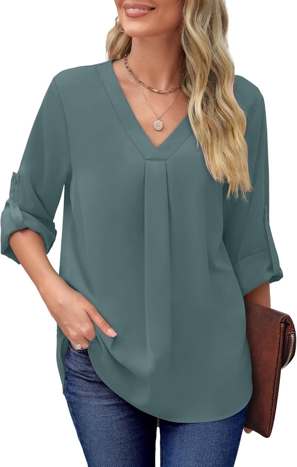 imageXIEERDUO 34 Sleeve Blouses for Women Business Casual V Neck Chiffon Shirts TopsKblue