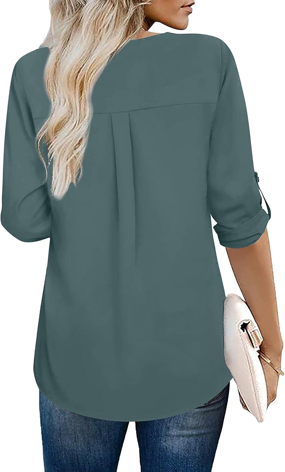 imageXIEERDUO 34 Sleeve Blouses for Women Business Casual V Neck Chiffon Shirts TopsKblue