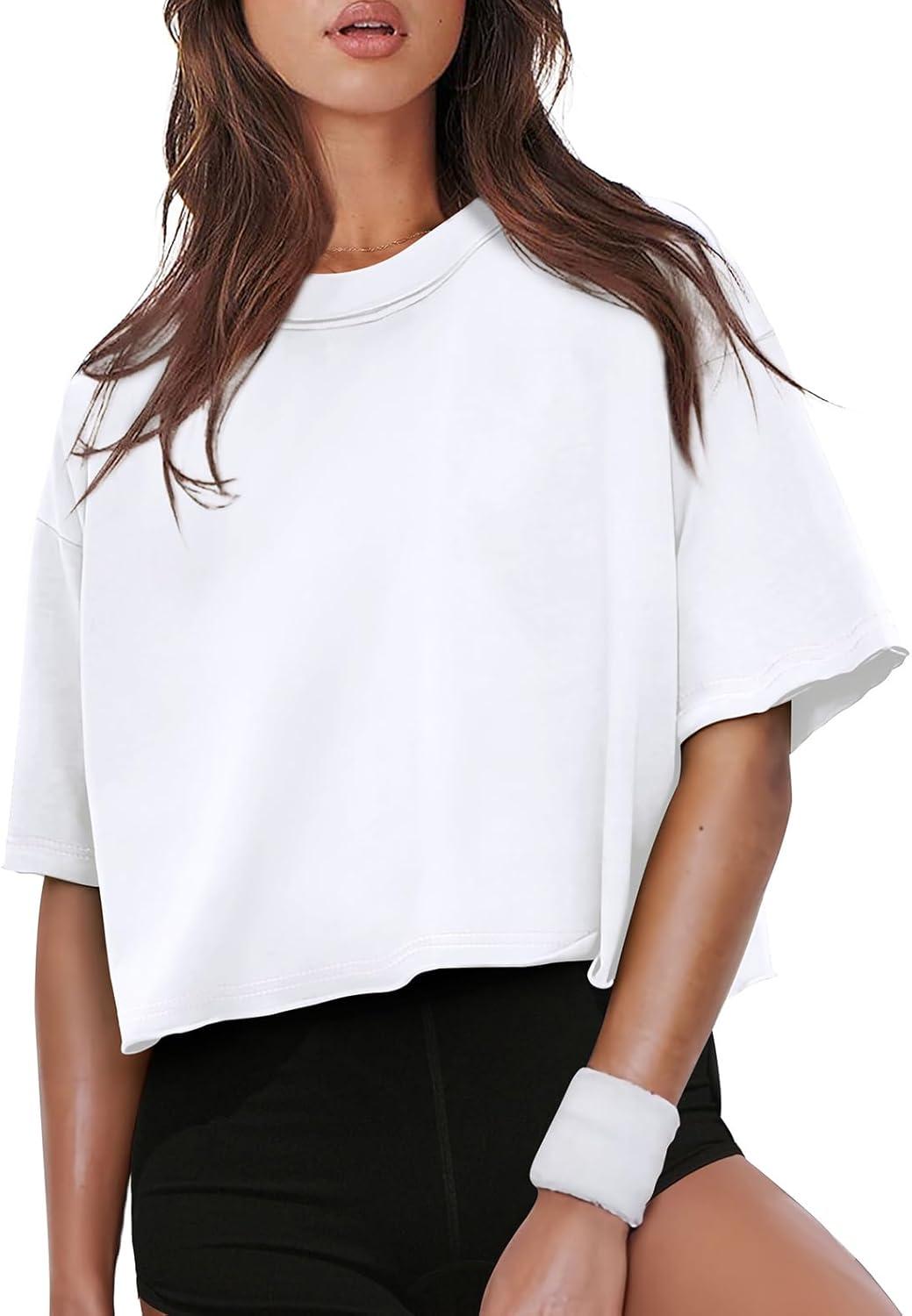 imageXIEERDUO Cotton Tshirts for Women Drop Shoulder Round Neck Oversized Crop Tops Workout Tops TeesA White