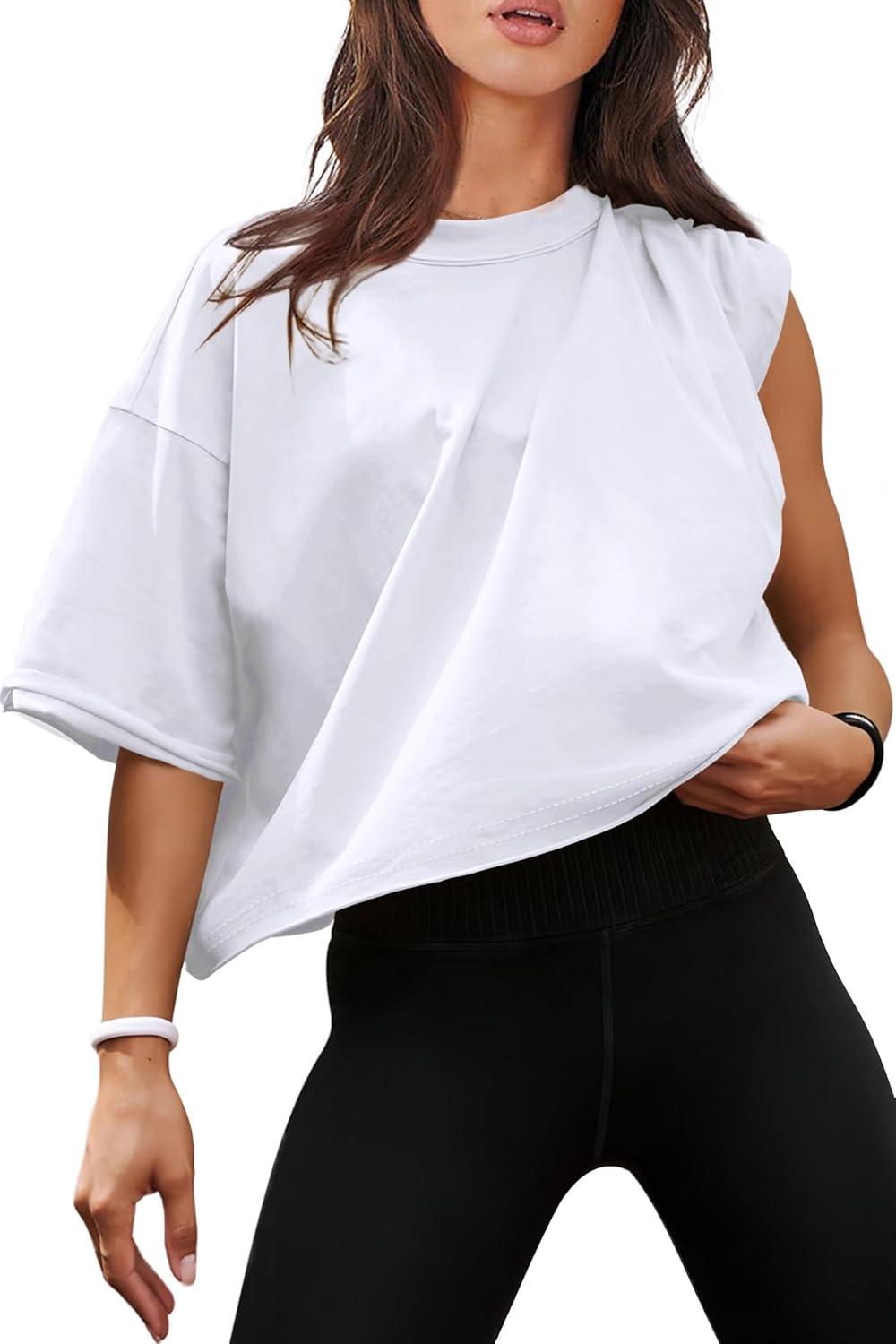 imageXIEERDUO Cotton Tshirts for Women Drop Shoulder Round Neck Oversized Crop Tops Workout Tops TeesA White