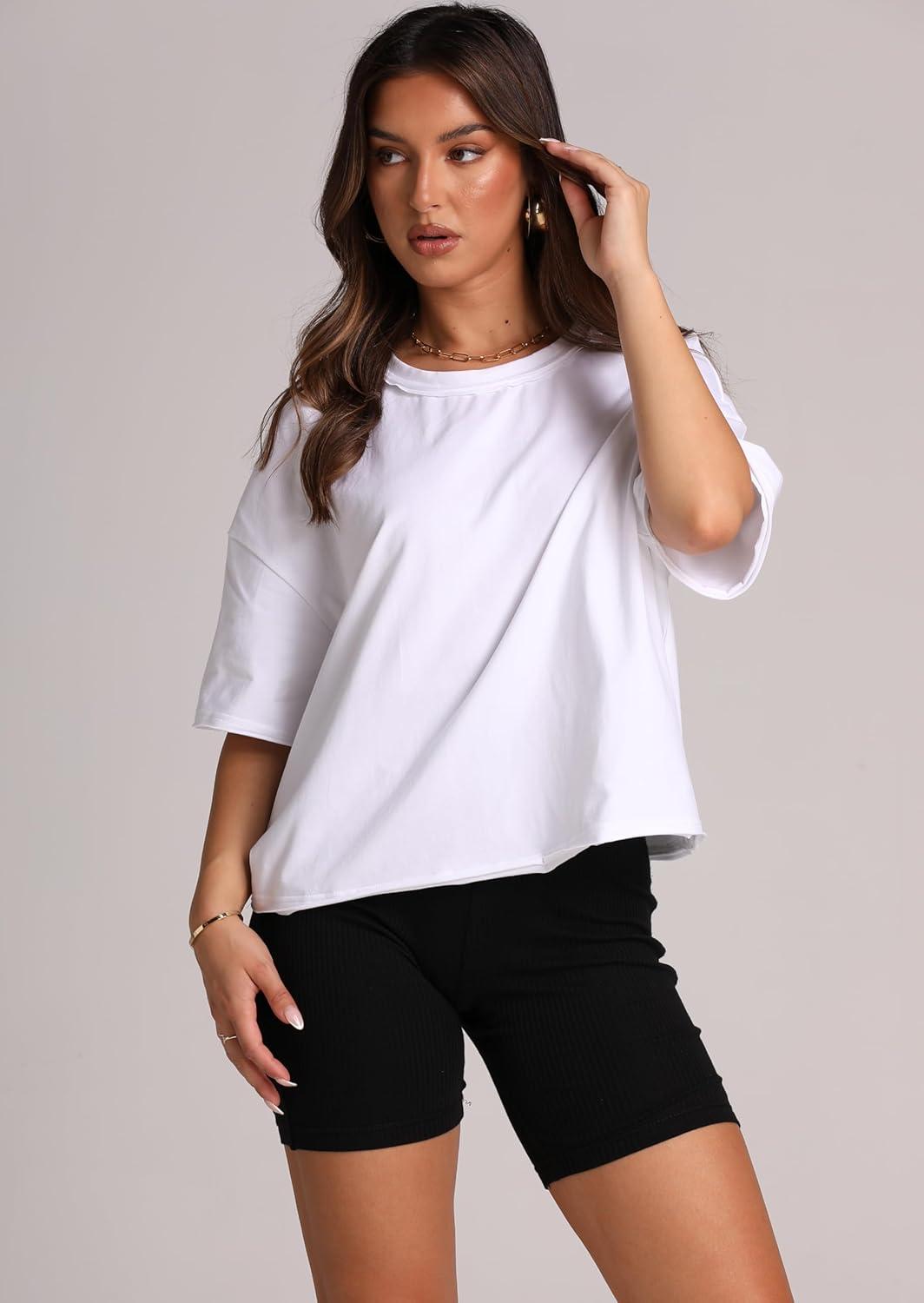 imageXIEERDUO Cotton Tshirts for Women Drop Shoulder Round Neck Oversized Crop Tops Workout Tops TeesA White