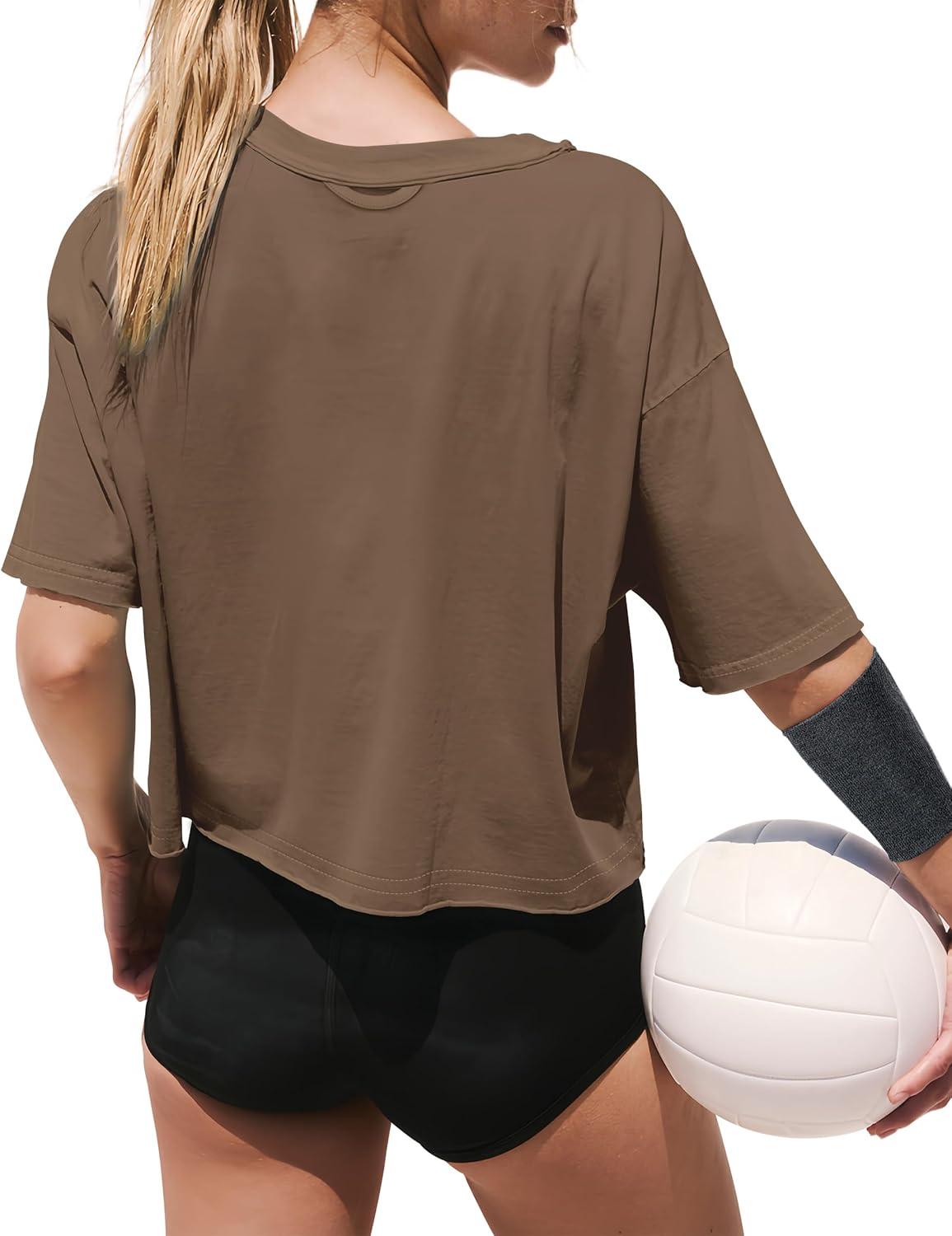 imageXIEERDUO Cotton Tshirts for Women Drop Shoulder Round Neck Oversized Crop Tops Workout Tops TeesBrown