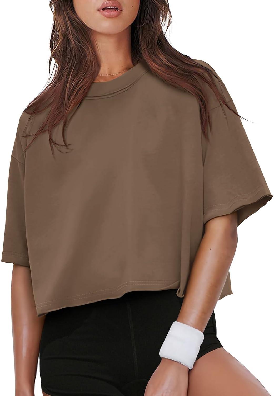 imageXIEERDUO Cotton Tshirts for Women Drop Shoulder Round Neck Oversized Crop Tops Workout Tops TeesBrown