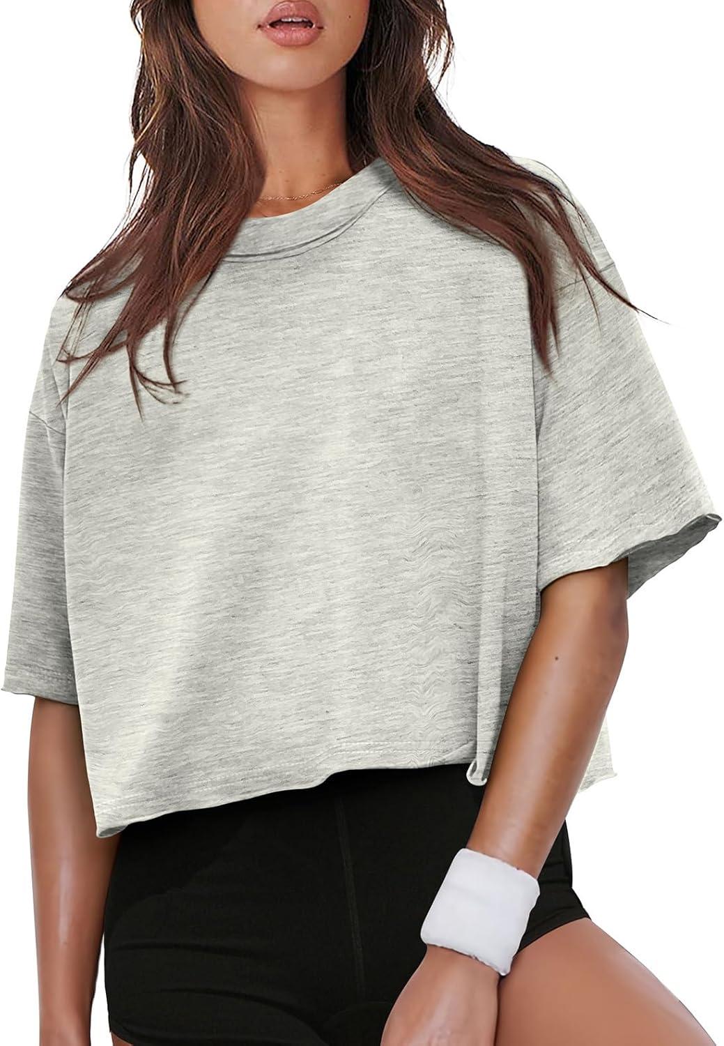 imageXIEERDUO Cotton Tshirts for Women Drop Shoulder Round Neck Oversized Crop Tops Workout Tops TeesGrey