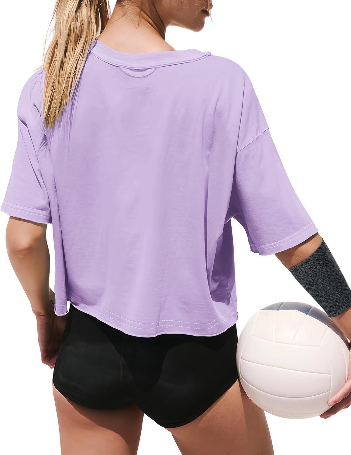 imageXIEERDUO Cotton Tshirts for Women Drop Shoulder Round Neck Oversized Crop Tops Workout Tops TeesLavender