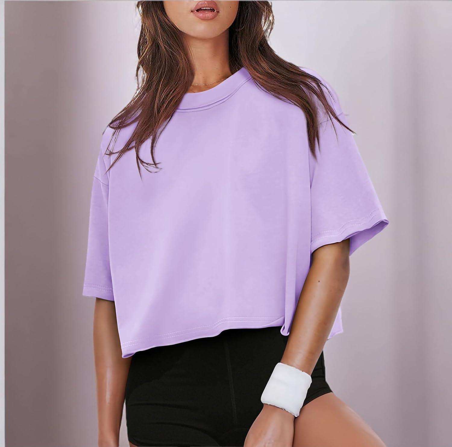 imageXIEERDUO Cotton Tshirts for Women Drop Shoulder Round Neck Oversized Crop Tops Workout Tops TeesLavender