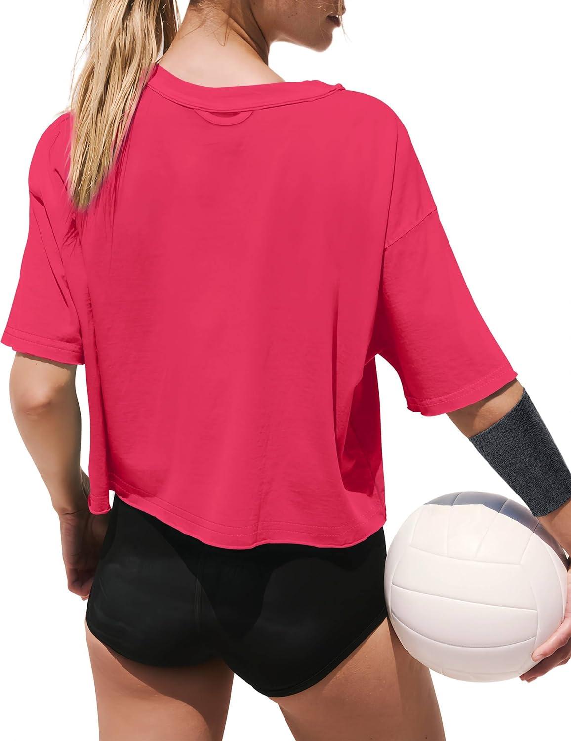 imageXIEERDUO Cotton Tshirts for Women Drop Shoulder Round Neck Oversized Crop Tops Workout Tops TeesRed