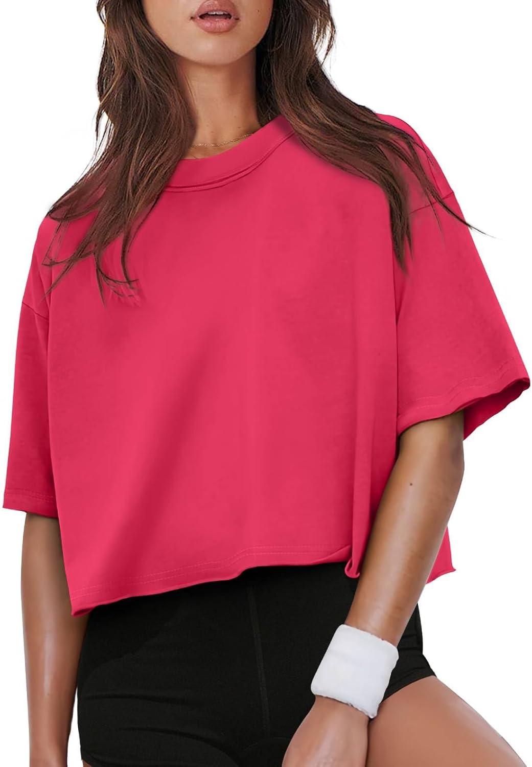 imageXIEERDUO Cotton Tshirts for Women Drop Shoulder Round Neck Oversized Crop Tops Workout Tops TeesRed